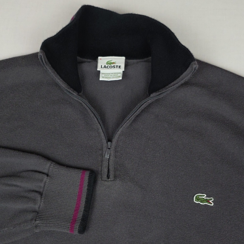 Lacoste Quarter Zip Pullover Sweater Mens 6/XL Gray Ribbed Cuff Cotton F5178